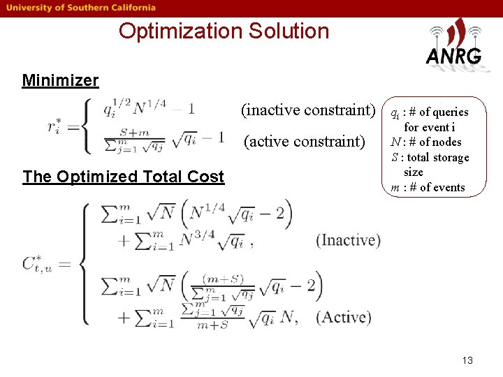 Optimization Solution Minimizer (inactive constraint) (active constraint) The Optimized Total Cost qi : #