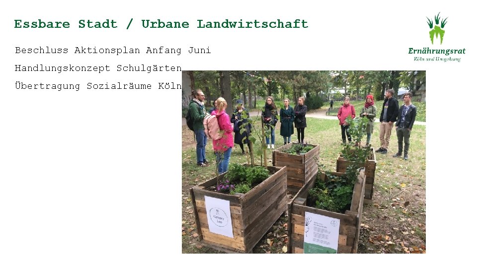 Essbare Stadt / Urbane Landwirtschaft Beschluss Aktionsplan Anfang Juni Handlungskonzept Schulgärten Übertragung Sozialräume Kölns