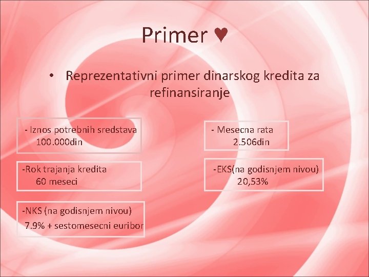 Primer ♥ • Reprezentativni primer dinarskog kredita za refinansiranje - Iznos potrebnih sredstava 100.