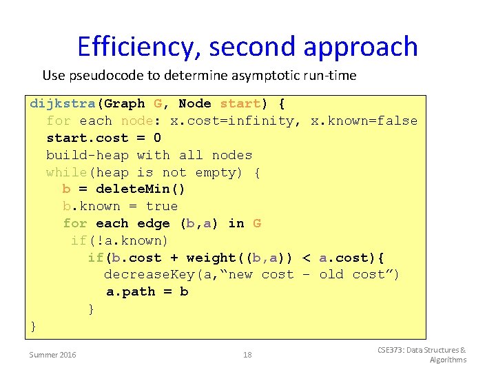 Efficiency, second approach Use pseudocode to determine asymptotic run-time dijkstra(Graph G, Node start) {