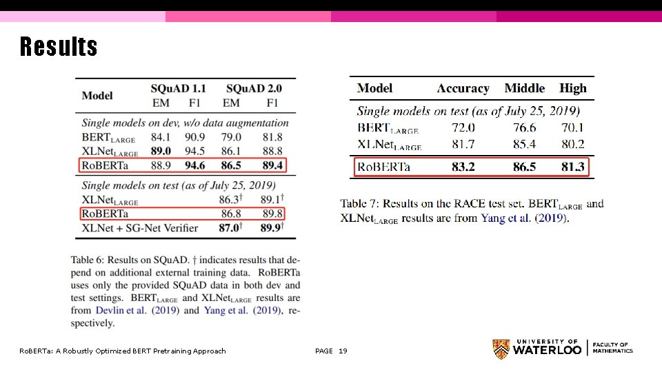 Results Ro. BERTa: A Robustly Optimized BERT Pretraining Approach PAGE 19 