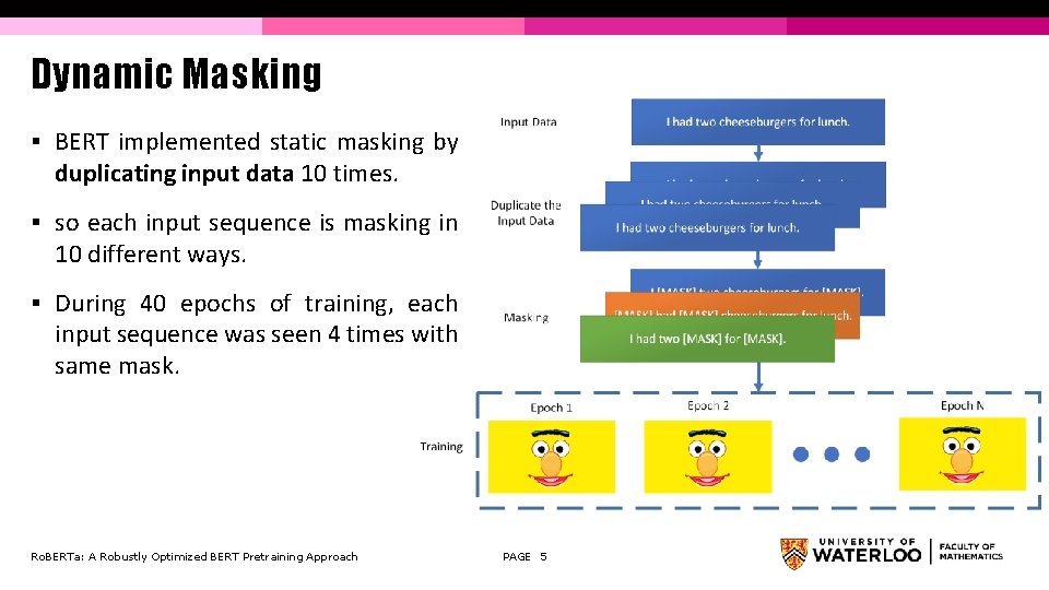 Dynamic Masking § BERT implemented static masking by duplicating input data 10 times. §