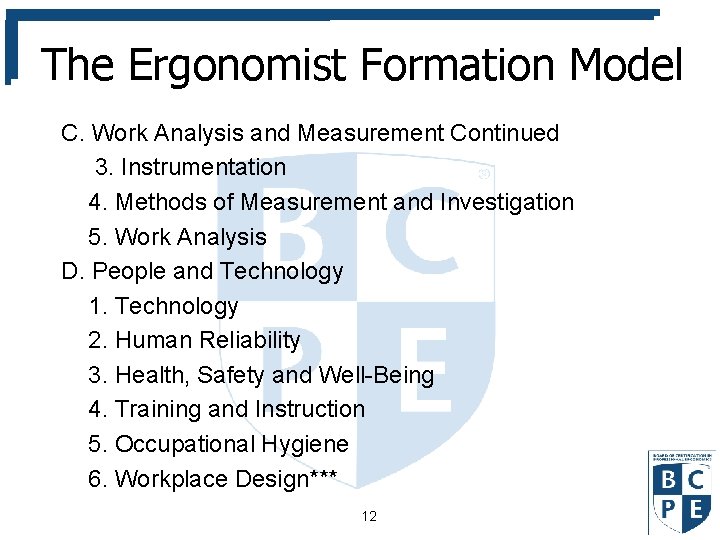 The Ergonomist Formation Model C. Work Analysis and Measurement Continued 3. Instrumentation 4. Methods