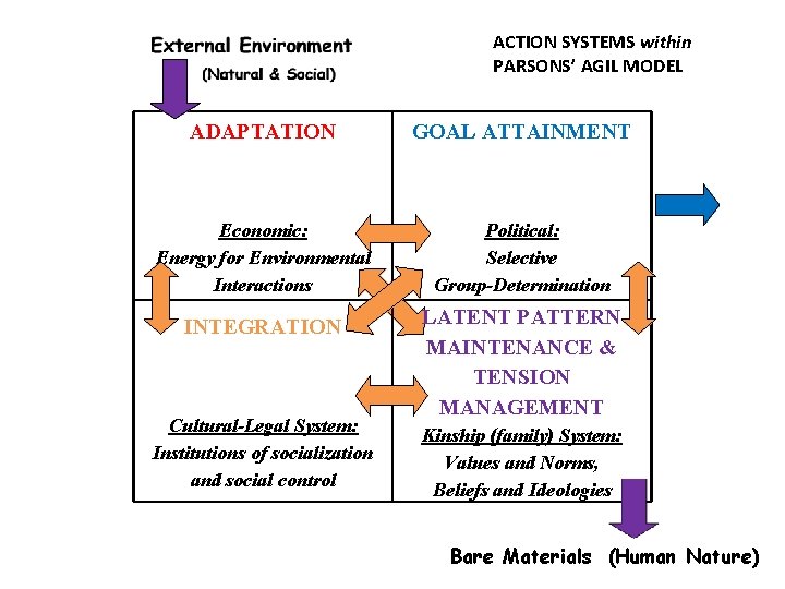 ACTION SYSTEMS within PARSONS’ AGIL MODEL ADAPTATION GOAL ATTAINMENT Economic: Energy for Environmental Interactions