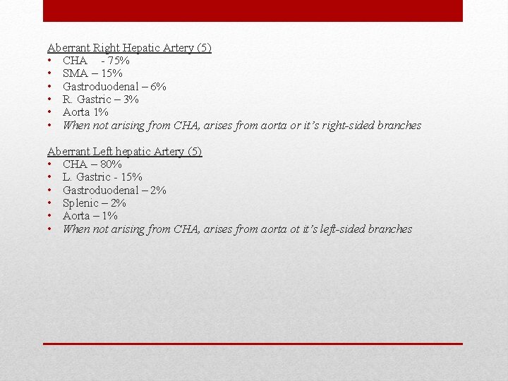 Aberrant Right Hepatic Artery (5) • CHA - 75% • SMA – 15% •