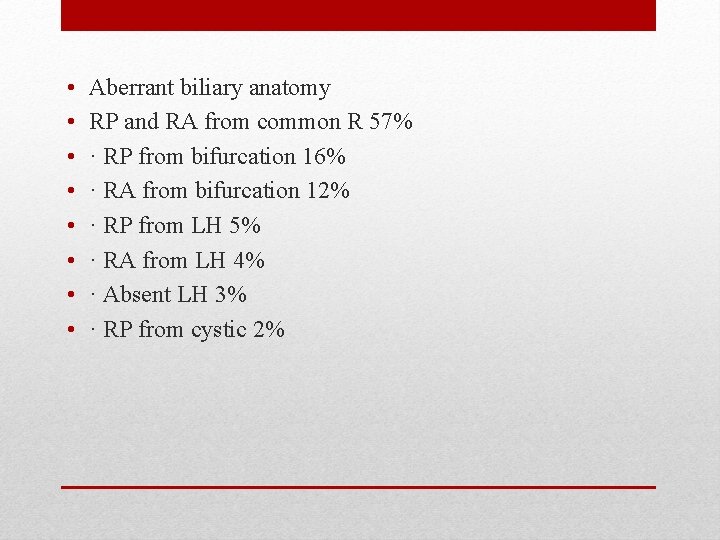  • • Aberrant biliary anatomy RP and RA from common R 57% ·