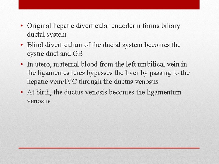  • Original hepatic diverticular endoderm forms biliary ductal system • Blind diverticulum of