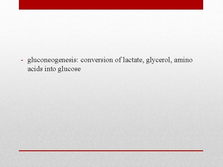 - gluconeogenesis: conversion of lactate, glycerol, amino acids into glucose 