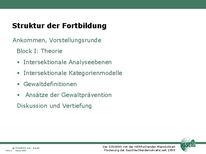 Struktur der Fortbildung Ankommen, Vorstellungsrunde Block I: Theorie Intersektionale Analyseebenen Intersektionale Kategorienmodelle Gewaltdefinitionen Ansätze