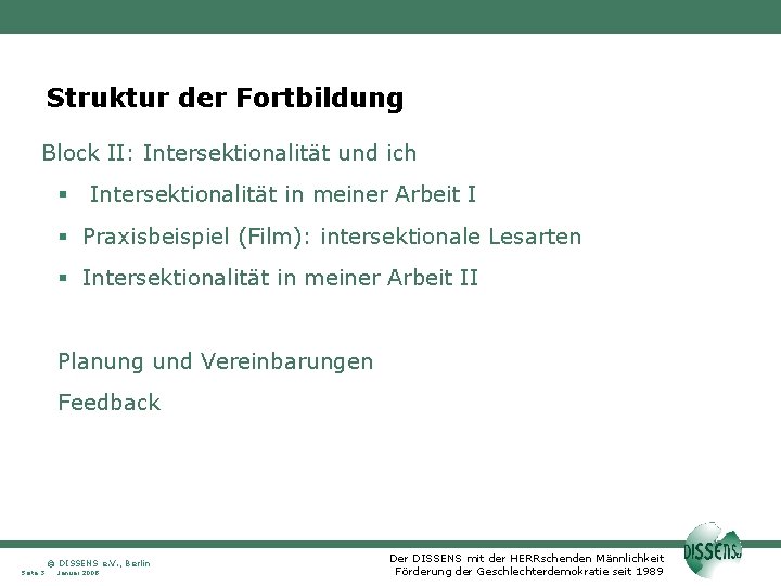 Struktur der Fortbildung Block II: Intersektionalität und ich Intersektionalität in meiner Arbeit I Praxisbeispiel