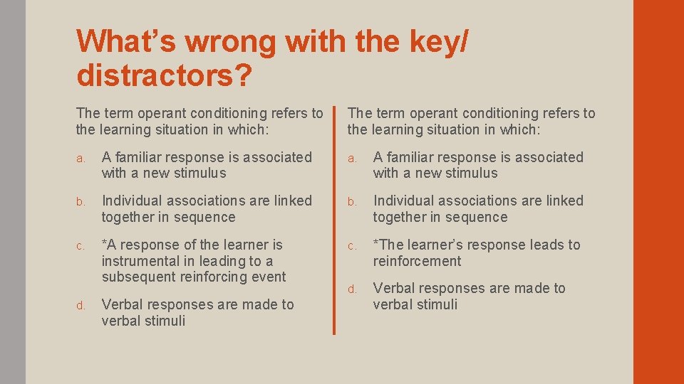 What’s wrong with the key/ distractors? The term operant conditioning refers to the learning