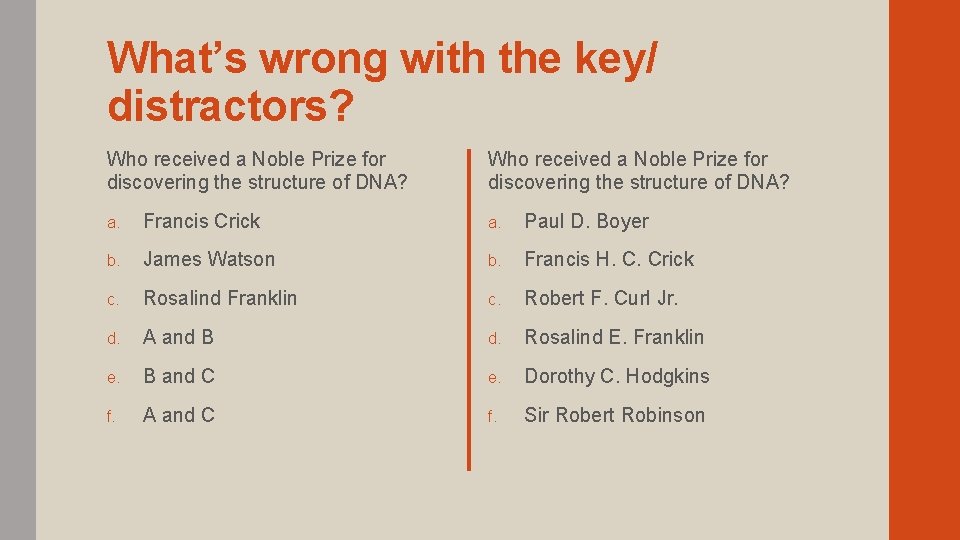 What’s wrong with the key/ distractors? Who received a Noble Prize for discovering the