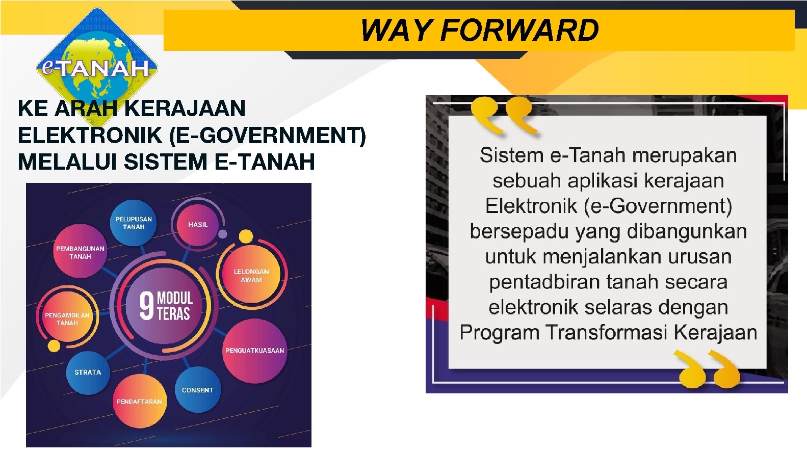 WAY FORWARD KE ARAH KERAJAAN ELEKTRONIK (E-GOVERNMENT) MELALUI SISTEM E-TANAH 