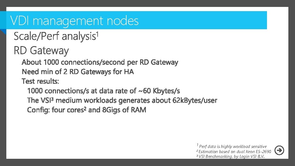 VDI management nodes 1 Perf data is highly workload sensitive 2 Estimation based on