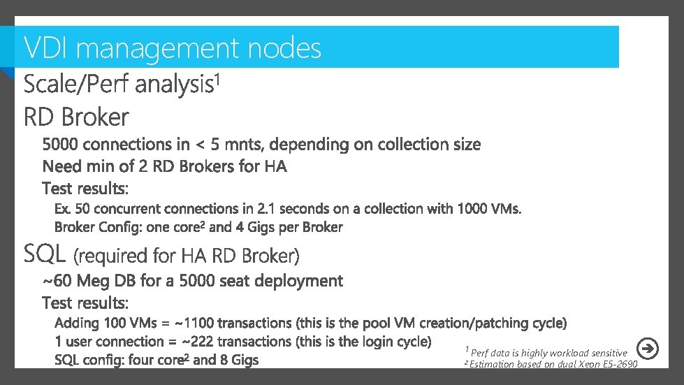 VDI management nodes 1 Perf data is highly workload sensitive 2 Estimation based on