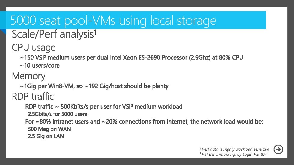 5000 seat pool-VMs using local storage 1 Perf 2 VSI data is highly workload