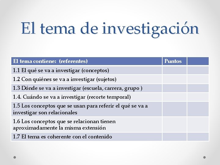 El tema de investigación El tema contiene: (referentes) 1. 1 El qué se va