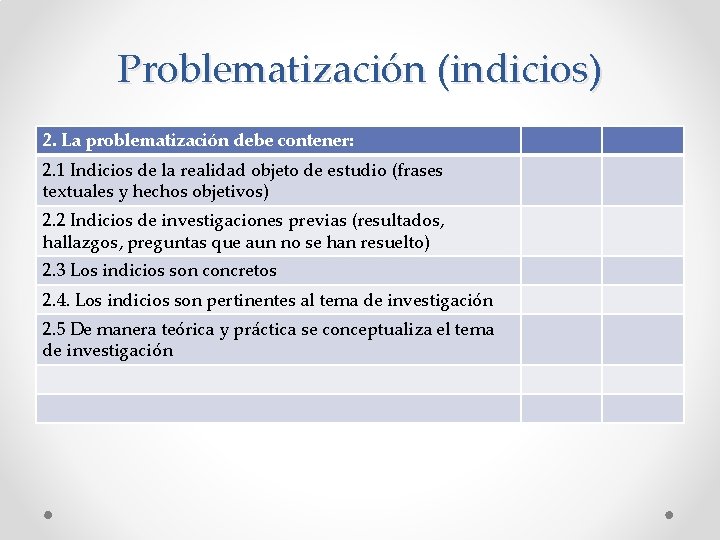 Problematización (indicios) 2. La problematización debe contener: 2. 1 Indicios de la realidad objeto