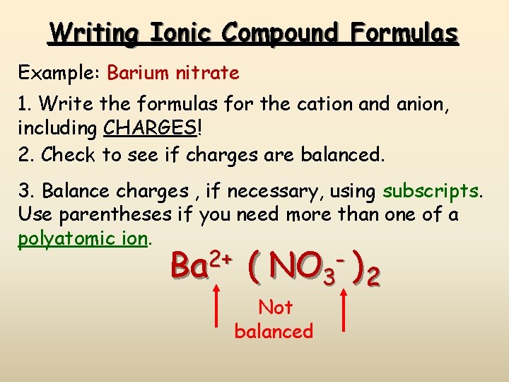 Writing Ionic Compound Formulas Example: Barium nitrate 1. Write the formulas for the cation