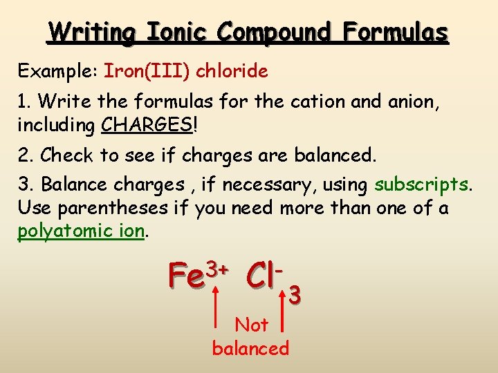 Writing Ionic Compound Formulas Example: Iron(III) chloride 1. Write the formulas for the cation