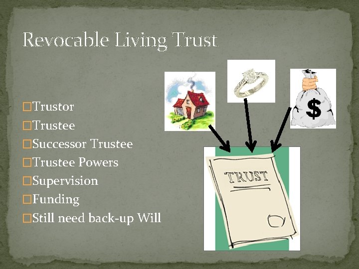 Revocable Living Trust �Trustor �Trustee �Successor Trustee �Trustee Powers �Supervision �Funding �Still need back-up