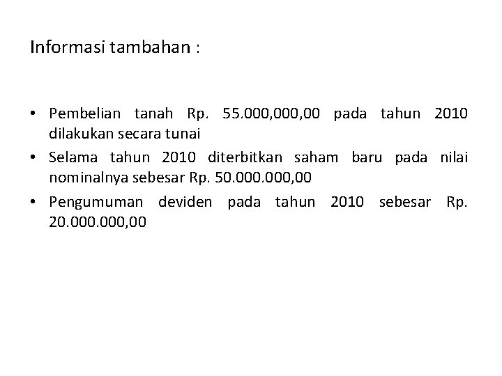 Informasi tambahan : • Pembelian tanah Rp. 55. 000, 00 pada tahun 2010 dilakukan