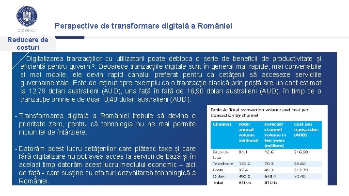 Perspective de transformare digitală a României Reducere de costuri - Digitalizarea tranzacțiilor cu utilizatorii