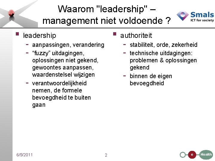 Waarom "leadership" – management niet voldoende ? § leadership - § authoriteit - aanpassingen,