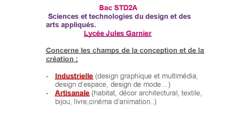 Bac STD 2 A Sciences et technologies du design et des arts appliqués. Lycée