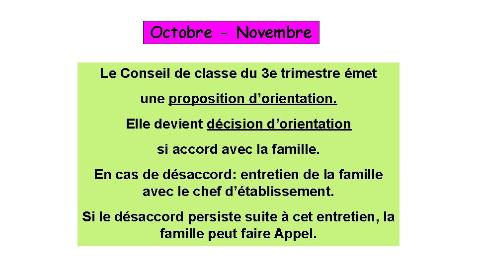 Octobre - Novembre Le Conseil de classe du 3 e trimestre émet une proposition