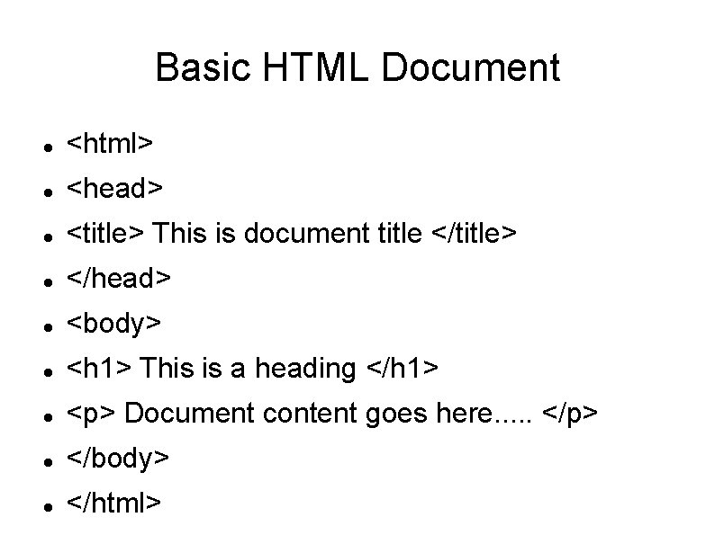 Basic HTML Document <html> <head> <title> This is document title </title> </head> <body> <h Basic HTML Document <html> <head> <title> This is document title </title> </head> <body> <h