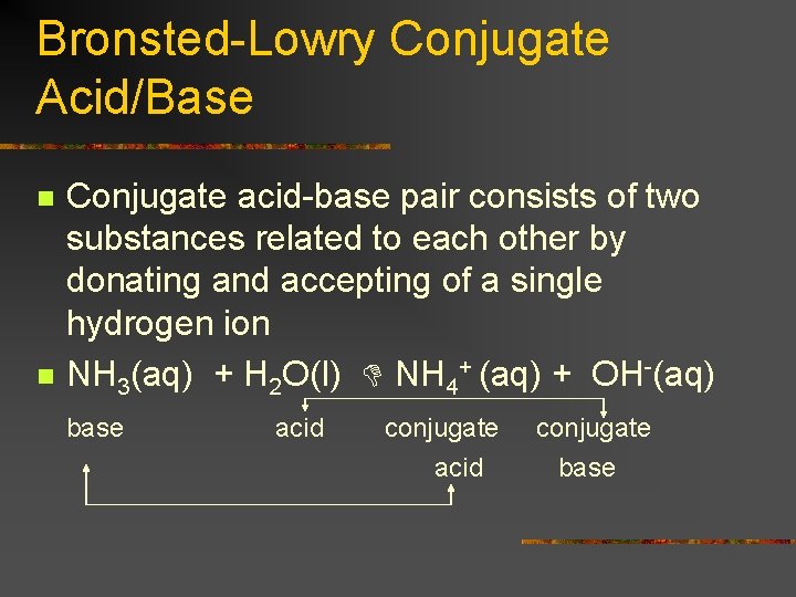 Bronsted-Lowry Conjugate Acid/Base n n Conjugate acid-base pair consists of two substances related to