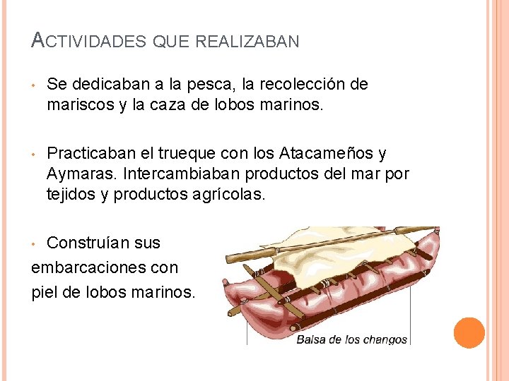 ACTIVIDADES QUE REALIZABAN • Se dedicaban a la pesca, la recolección de mariscos y