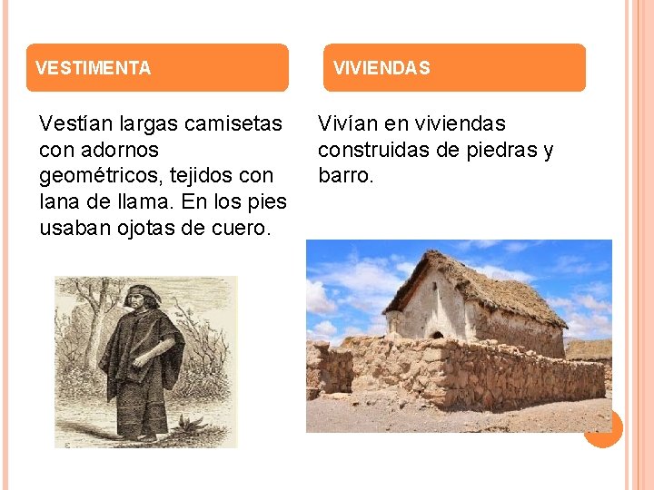 VESTIMENTA Vestían largas camisetas con adornos geométricos, tejidos con lana de llama. En los
