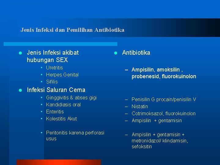 Jenis Infeksi dan Pemilihan Antibiotika l Jenis Infeksi akibat hubungan SEX • Uretritis •