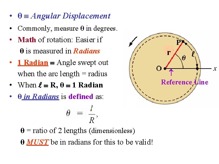 • θ Angular Displacement • Commonly, measure θ in degrees. • Math of • θ Angular Displacement • Commonly, measure θ in degrees. • Math of