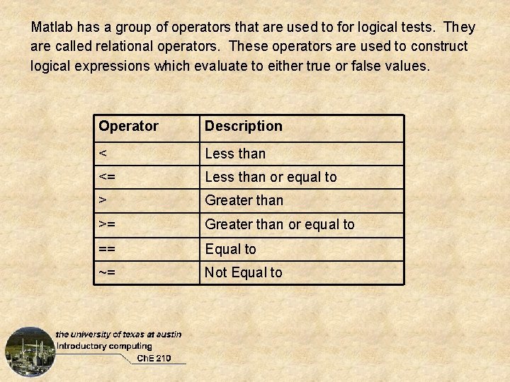 Matlab has a group of operators that are used to for logical tests. They Matlab has a group of operators that are used to for logical tests. They