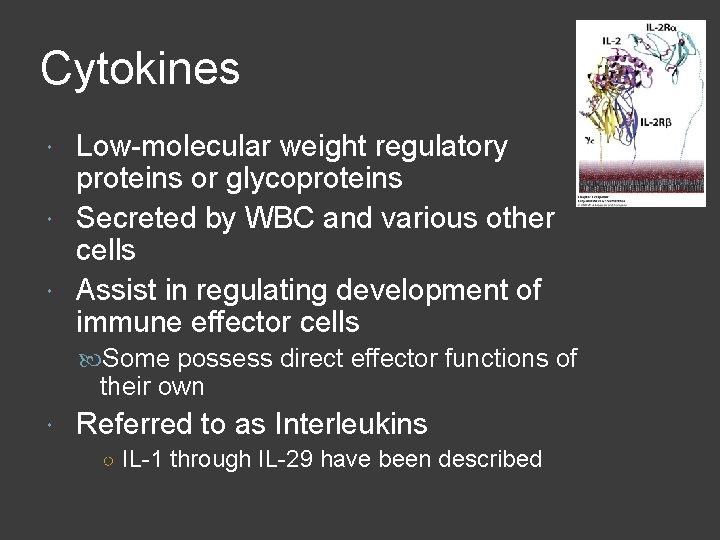 Cytokines Low-molecular weight regulatory proteins or glycoproteins Secreted by WBC and various other cells