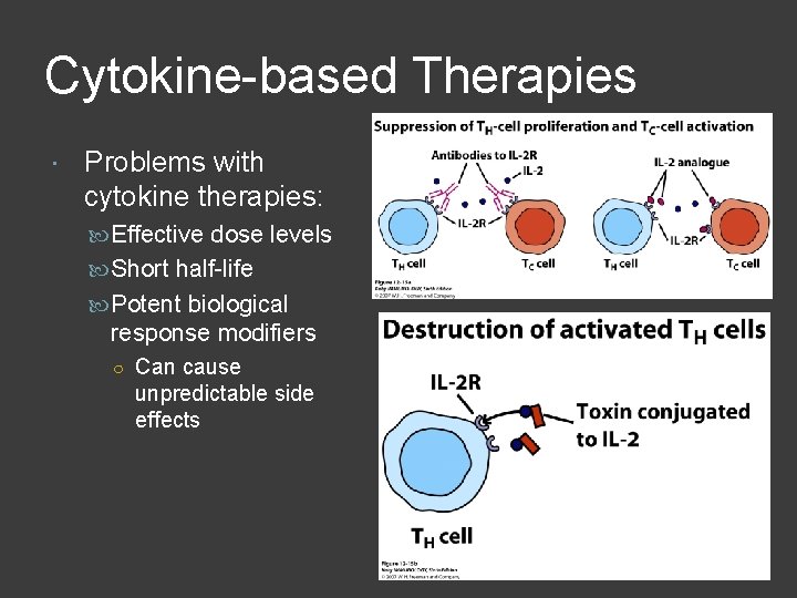Cytokine-based Therapies Problems with cytokine therapies: Effective dose levels Short half-life Potent biological response