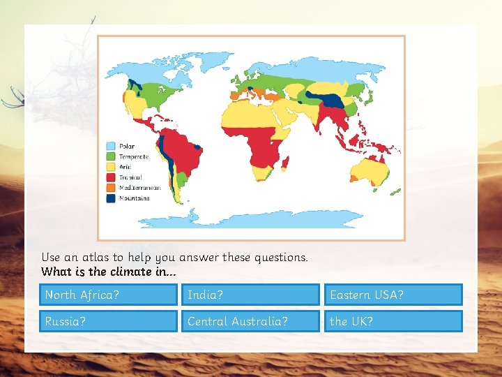 Use an atlas to help you answer these questions. What is the climate in.