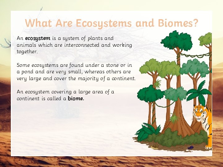 What Are Ecosystems and Biomes? An ecosystem is a system of plants and animals
