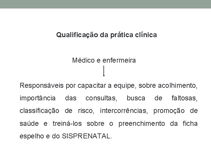 Qualificação da prática clínica Médico e enfermeira Responsáveis por capacitar a equipe, sobre acolhimento,