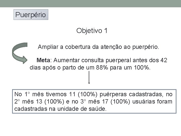 Puerpério Objetivo 1 Ampliar a cobertura da atenção ao puerpério. Meta: Aumentar consulta puerperal