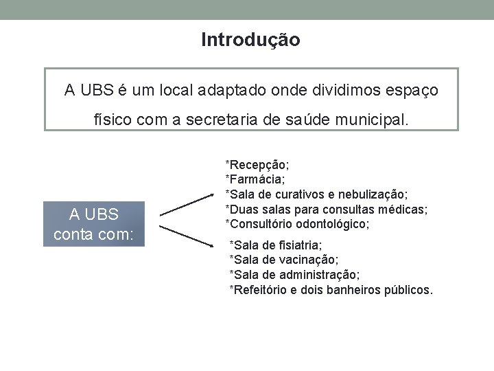 Introdução A UBS é um local adaptado onde dividimos espaço físico com a secretaria