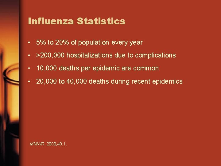 Influenza Statistics • 5% to 20% of population every year • >200, 000 hospitalizations
