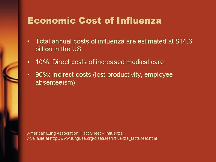 Economic Cost of Influenza • Total annual costs of influenza are estimated at $14.