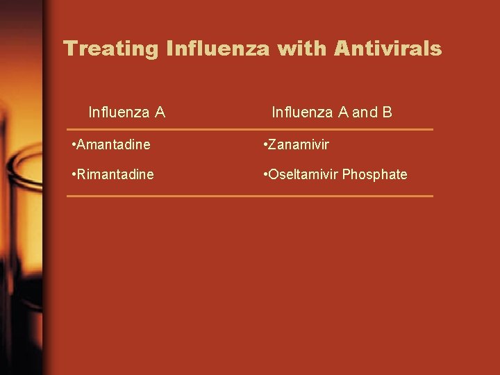 Treating Influenza with Antivirals Influenza A and B • Amantadine • Zanamivir • Rimantadine