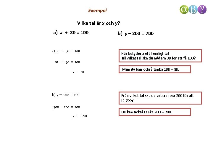 Exempel Vilka tal är x och y? a) x + 30 = 100 70