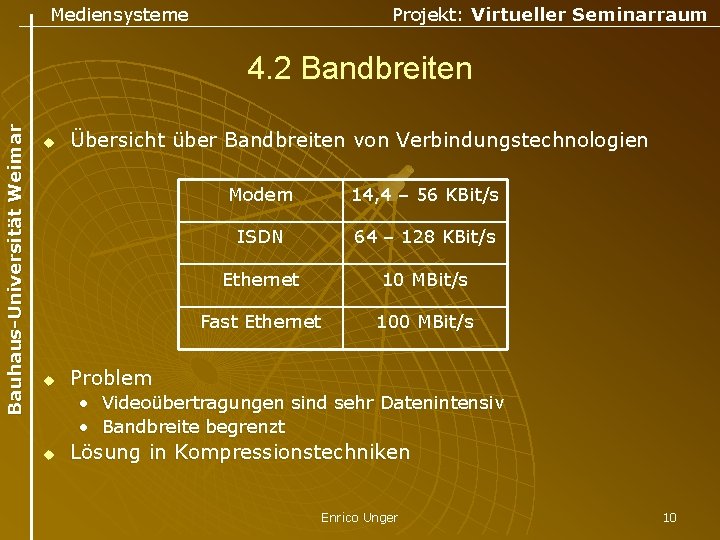 Mediensysteme Projekt: Virtueller Seminarraum Bauhaus-Universität Weimar 4. 2 Bandbreiten u u Übersicht über Bandbreiten