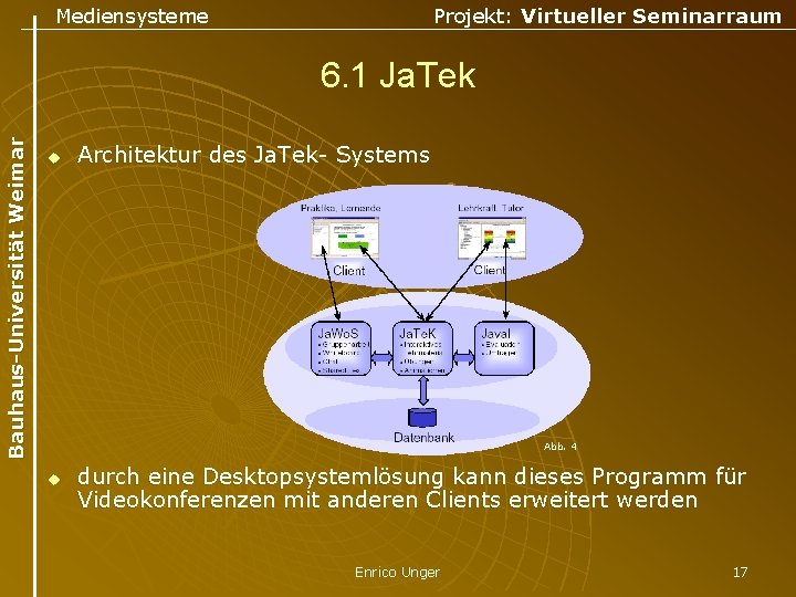 Mediensysteme Projekt: Virtueller Seminarraum Bauhaus-Universität Weimar 6. 1 Ja. Tek u Architektur des Ja.